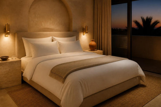 Hotelzimmer am Abend mit weißer Bettwäsche aus Baumwollsatin und warmem Licht