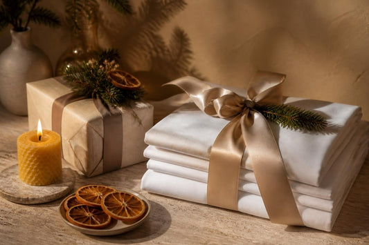 Weiße Bettwäsche mit Satinschleife als Weihnachtsgeschenk, Kerzenlicht und Tannenzweig
