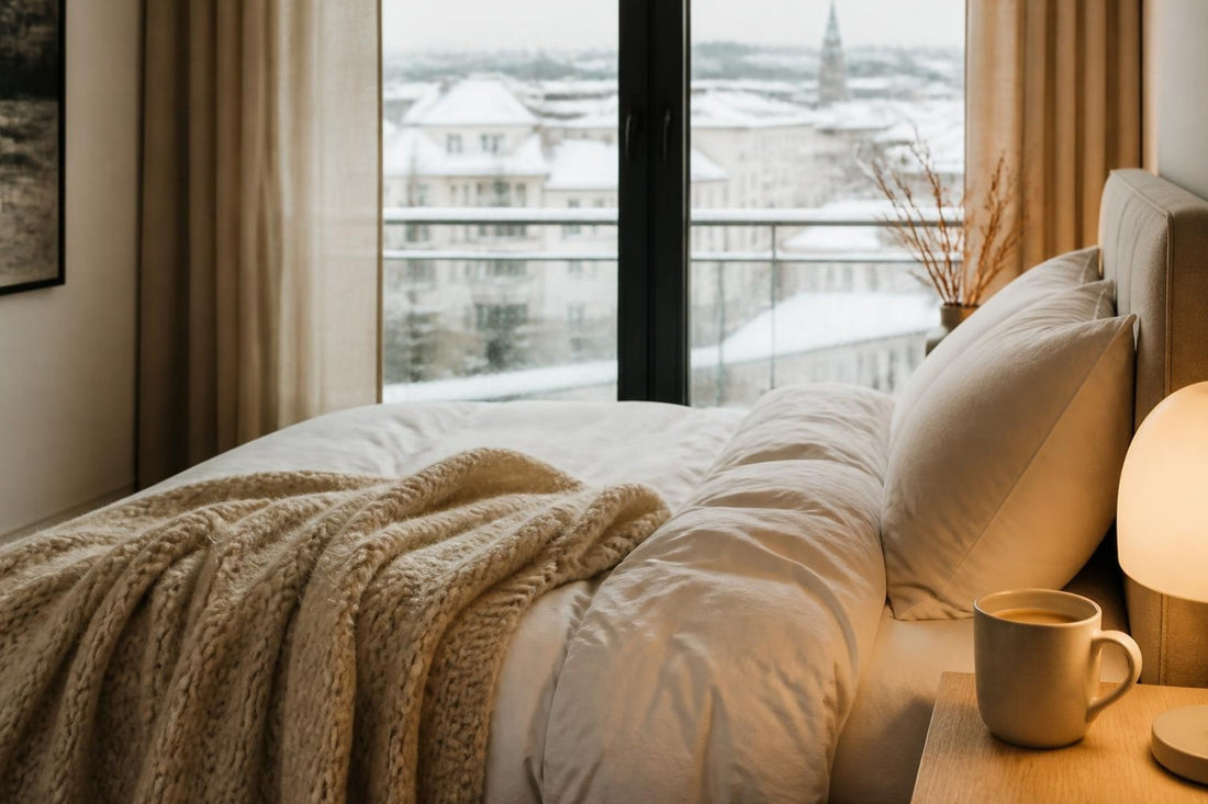 Gemütliches Bett im Winter mit weißer Bettwäsche, Strickdecke und verschneitem Fenster