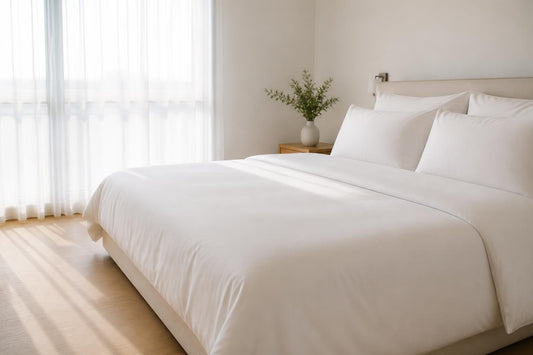 Frisch bezogenes weißes Bett im Morgenlicht – wie oft Bettwäsche wechseln